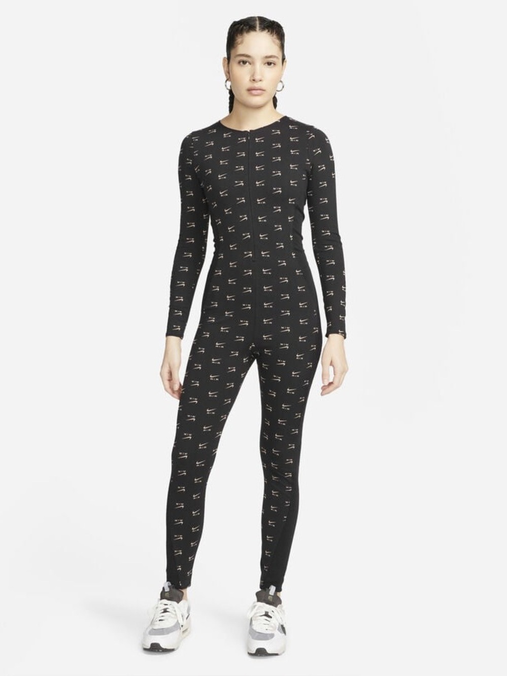 Women’s Long-Sleeve Black Jumpsuit with All-Over Logo NWT Size Small